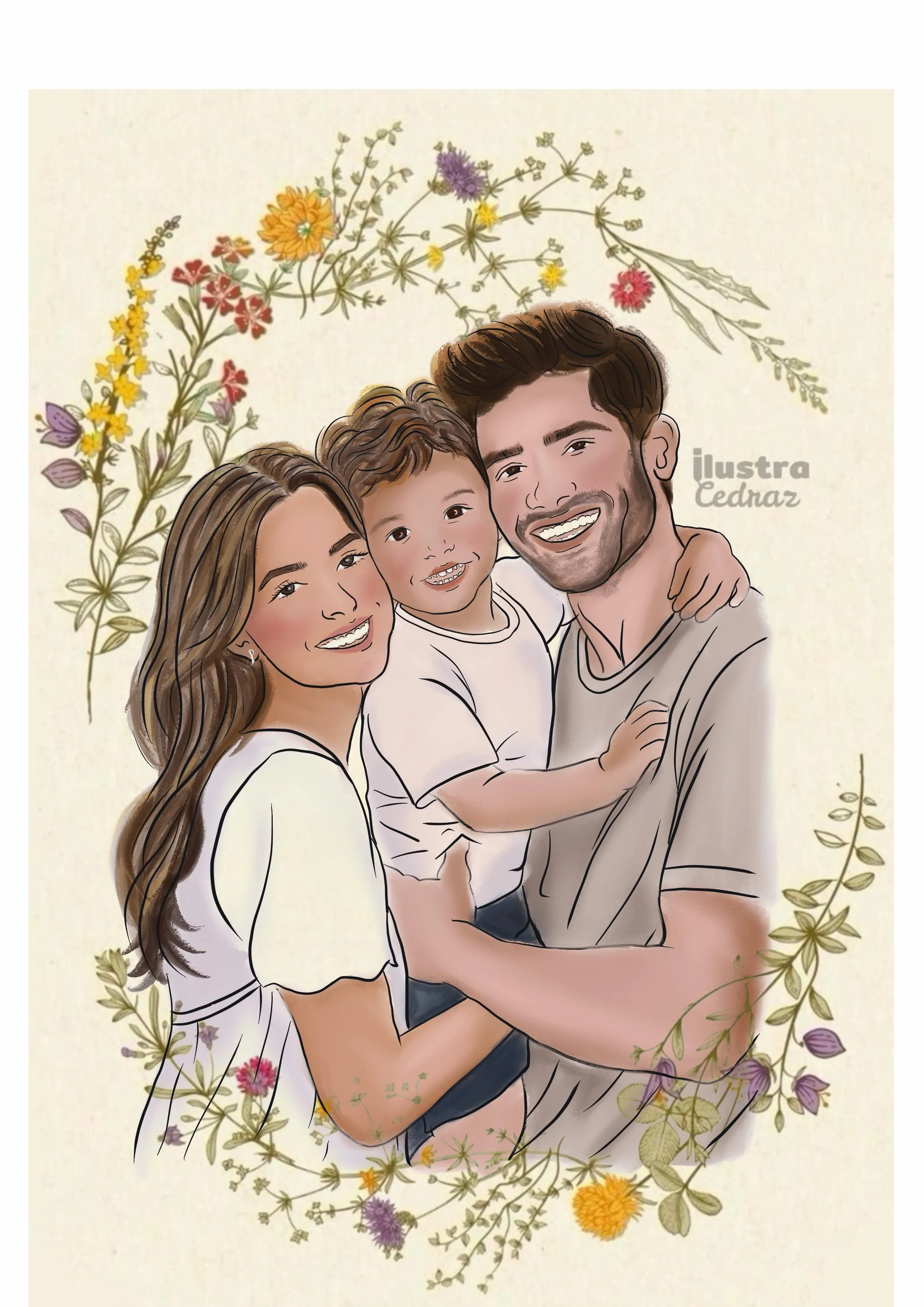 Ilustração de uma família sorridente composta por um homem, uma mulher e uma criança, cercada por uma borda de flores variadas.