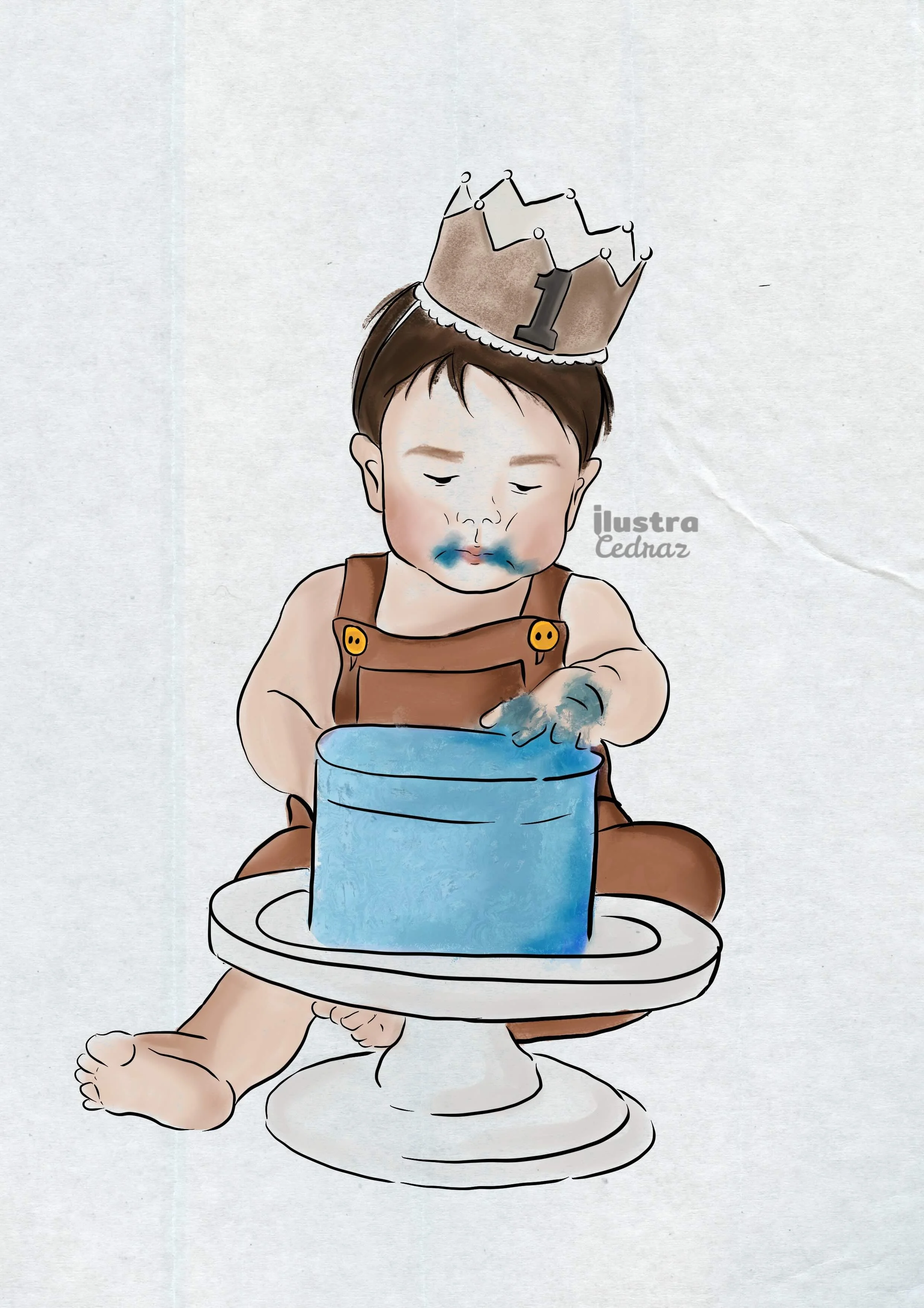 Ilustração de um bebê sentado sobre um pipo com um chapéu de coroa, brincando com um recipiente de água numa bandeja, com um fundo branco e minimalista.