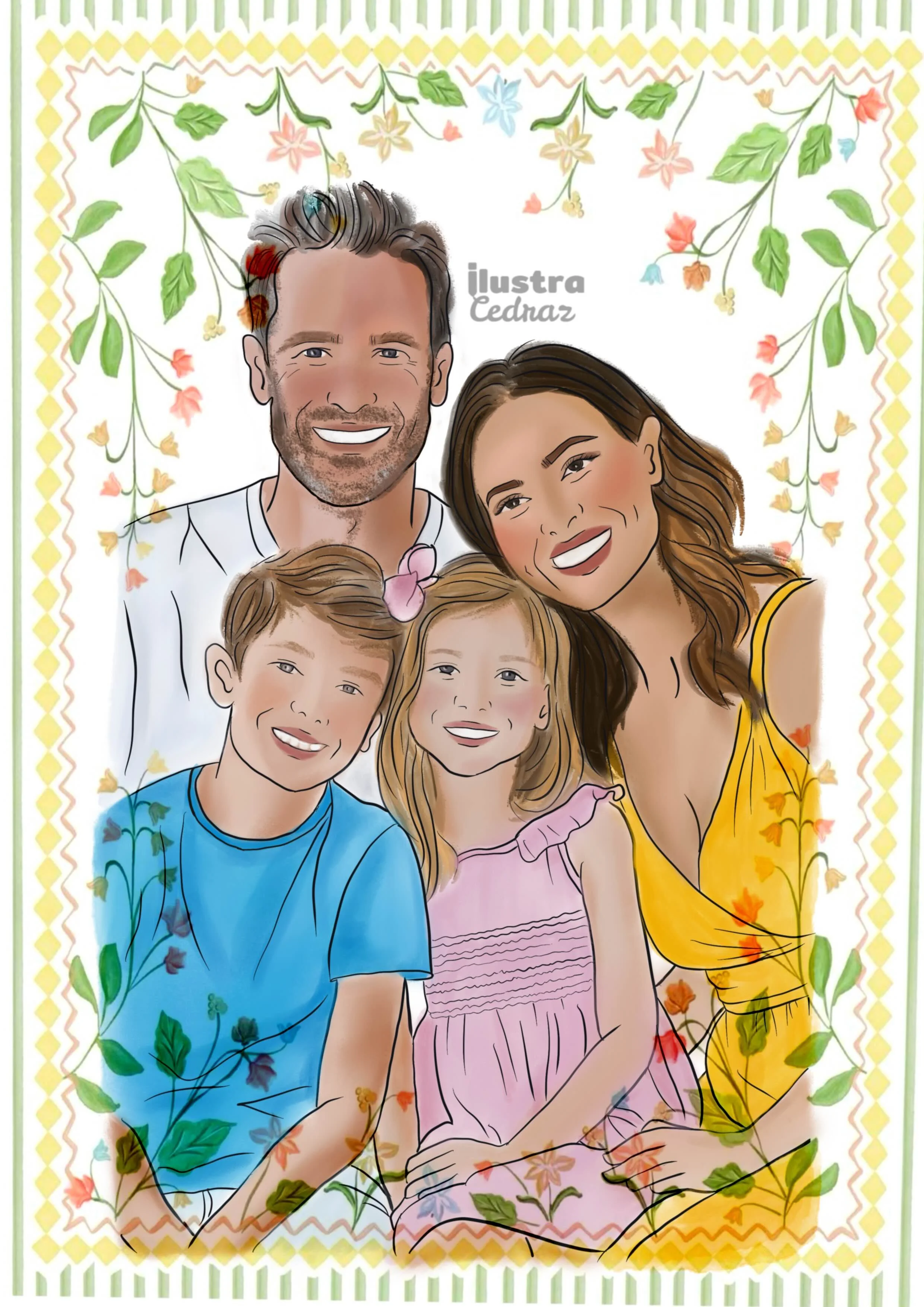 Ilustração de uma família de cinco pessoas, com um homem, uma mulher e três crianças, todos sorrindo, com fundo decorado com flores e folhas verdes.