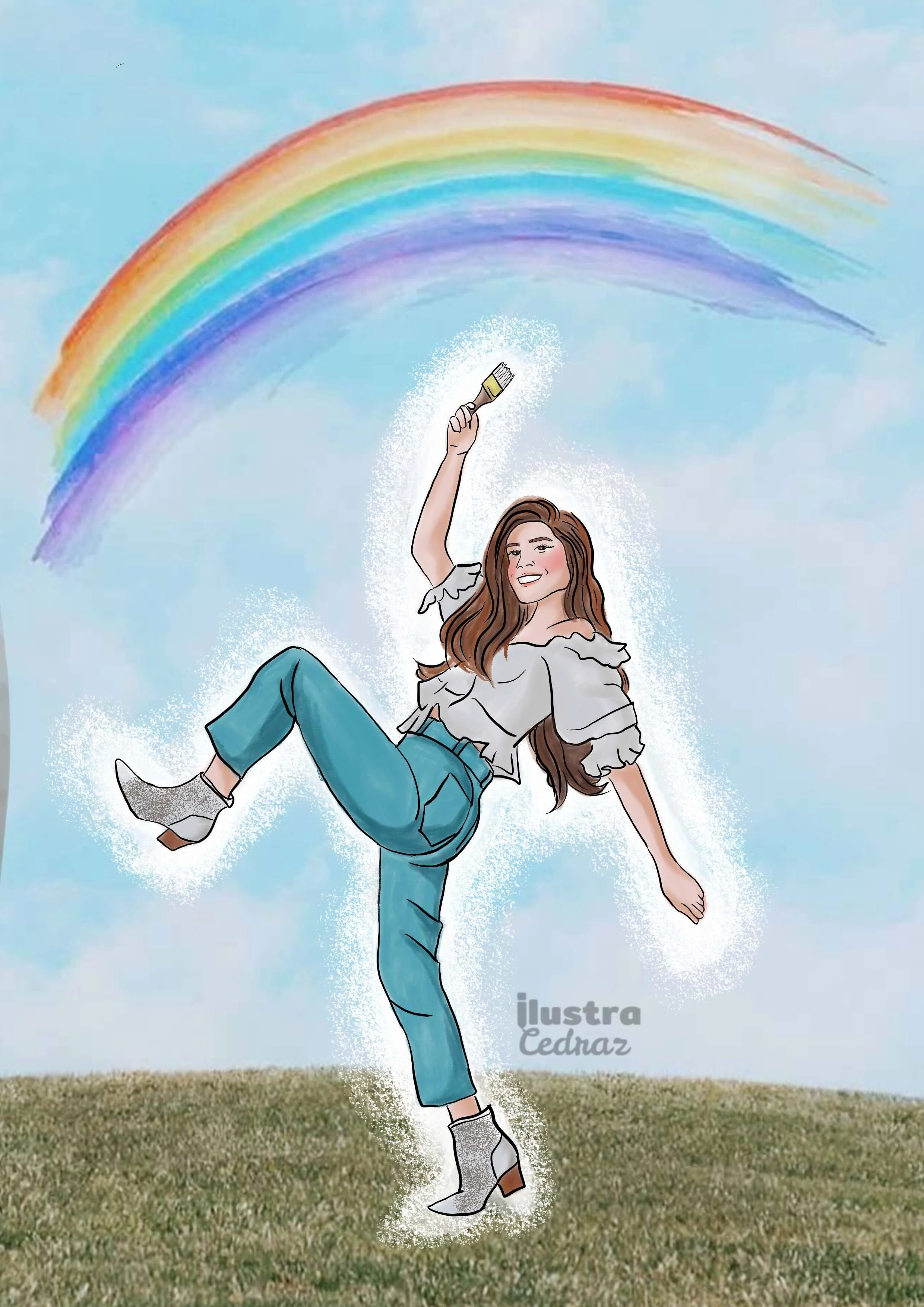 Desenho de uma jovem com cabelo longo e castanho, vestindo uma blusa branca, calça jeans e bota branca, sorrindo enquanto segura um pincel sobre um arco-íris colorido no céu azul