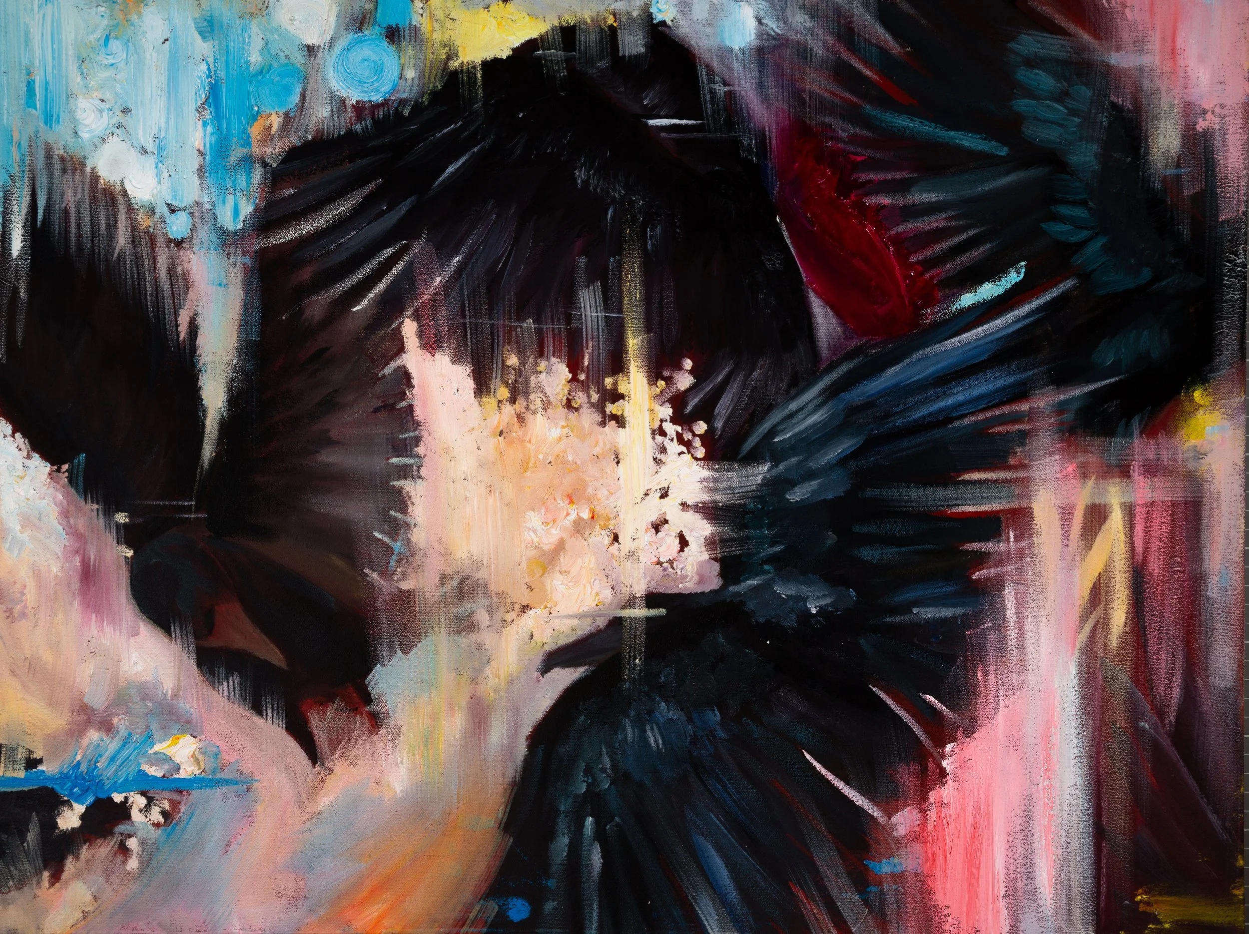 Abstract Oil painting of Crows with a sky of dreamy yellows, pinks, and blues