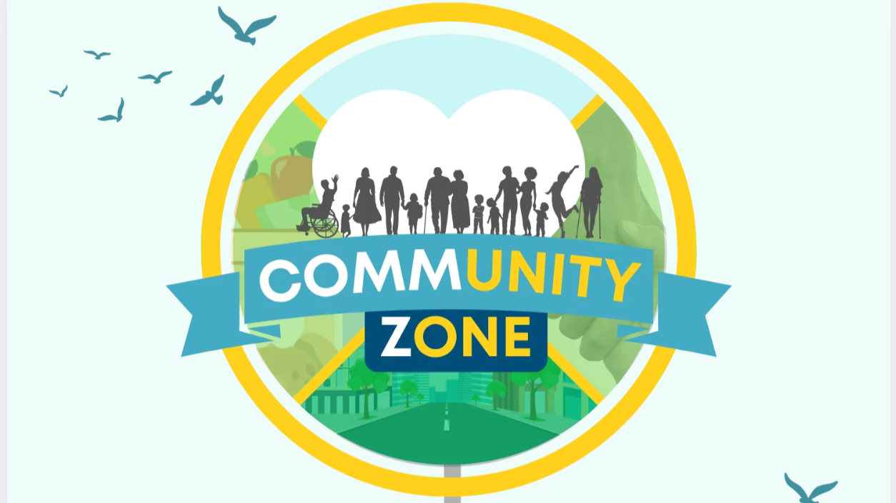 A circular logo with diverse silhouettes of people, including children, adults, a person in a wheelchair, and an elderly person, with a banner reading 'Community Zone' and a depiction of a cityscape and green environment behind them.