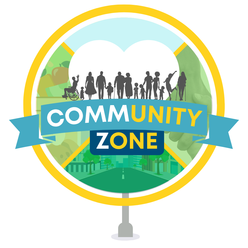 Illustration of diverse community members, including a person in a wheelchair, children, and adults, holding hands under a large sign that reads 'Community Zone' with stylized cityscape and nature elements in the background.