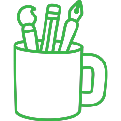 Outline of a green mug with three art tools inside: a paintbrush, a pencil, and a pen.