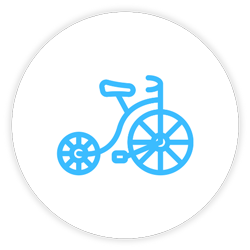 Simple blue outline of a child's tricycle on a white background with a black circular border.