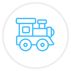 Blue train icon inside a white circle with a black background.