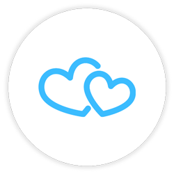 Two outlined blue hearts overlapping on a white background within a black circular frame.