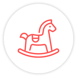 Icon of a rocking horse with a saddle, depicted in red on a white background inside a black circle.
