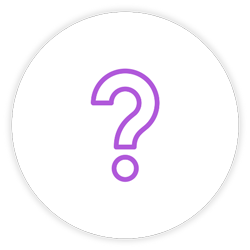 A white circle with a black background and a purple question mark in the center.