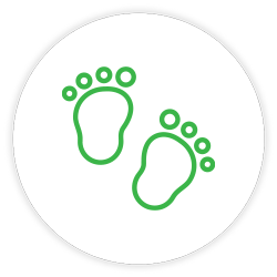 Outline of two green baby footprints on a white background within a black circle.