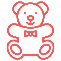 Outline of a teddy bear with a bowtie, drawn in pink on a black background.