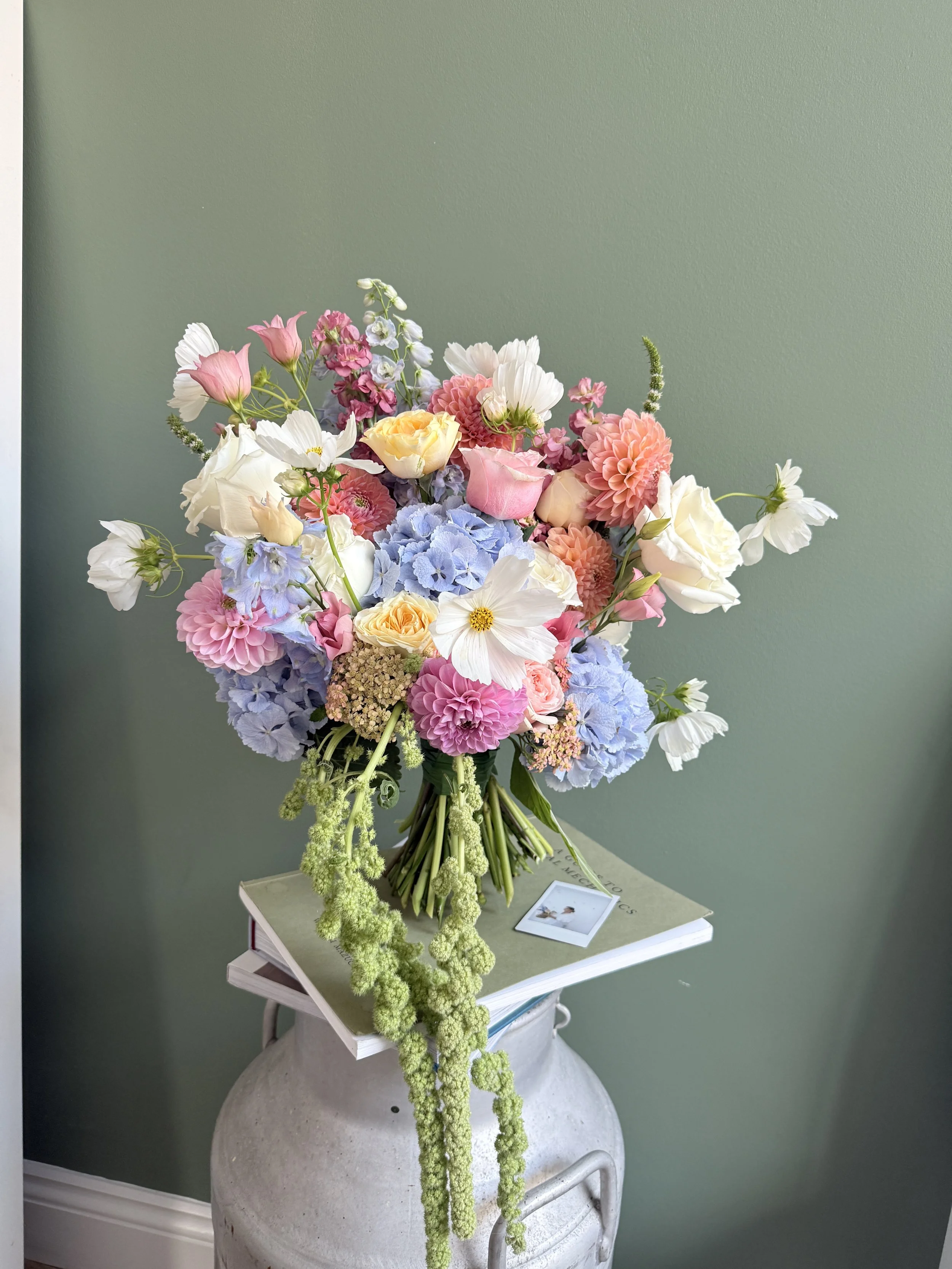 Colourful, Summer bridal bouquet featuring Dahlias, Cosmos, Hydrangeas and trailing Amaranthus