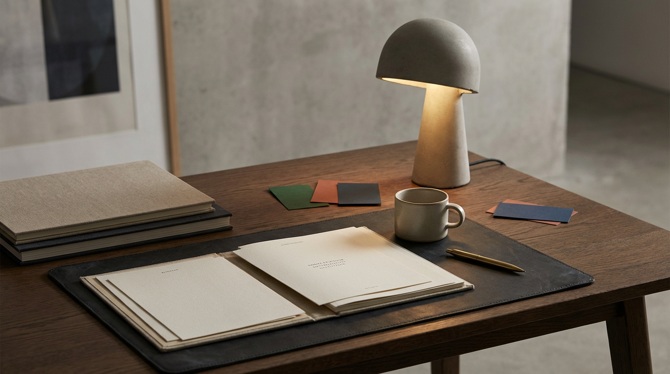 A wooden desk with an open planner, a pen, a ceramic mug, a modern table lamp, and stacked fabric samples in various colors.