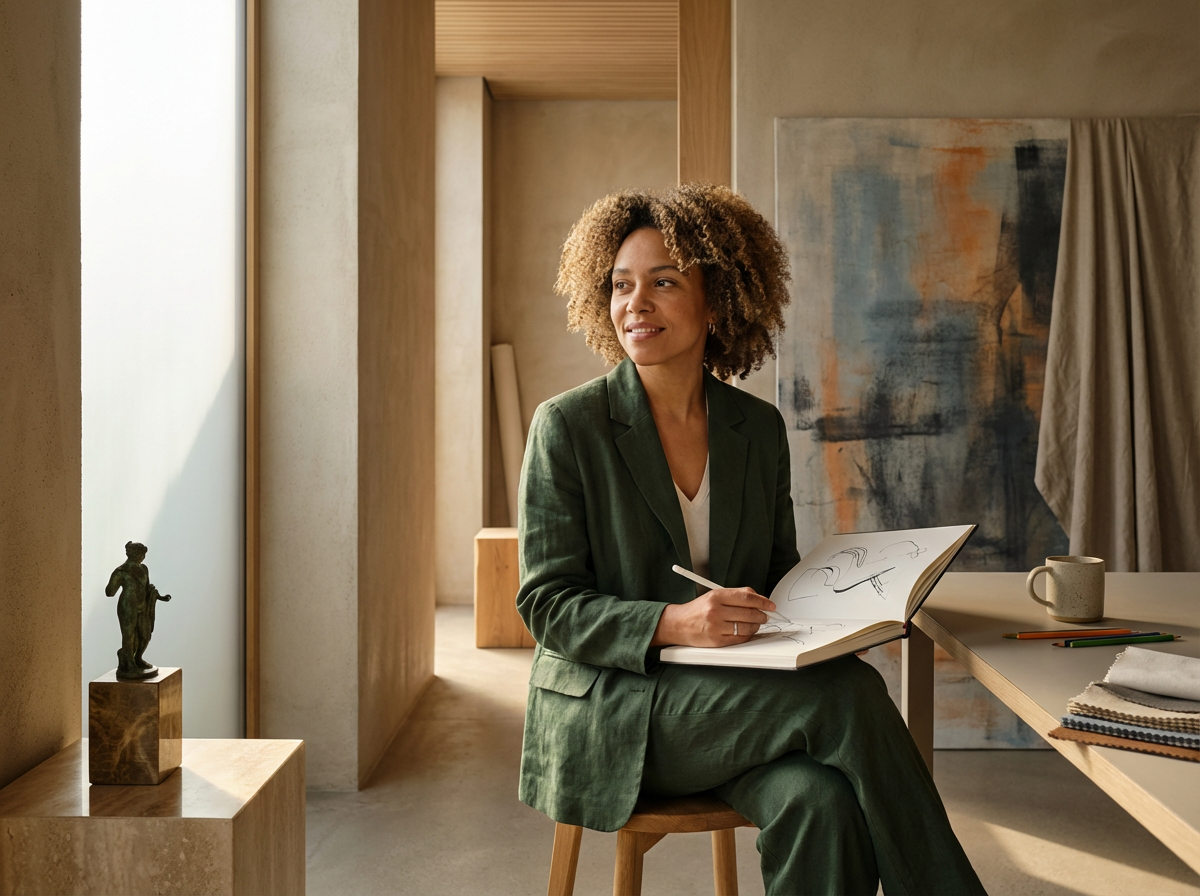 A woman sitting on a stool in an art studio, holding a sketchbook with sketches, surrounded by art supplies, with a sculpture on a pedestal nearby.