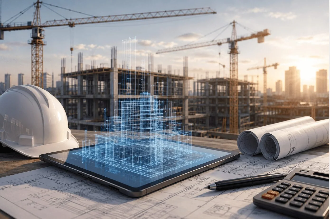 Construction site with cranes and building frames, a white safety helmet, blueprints, a tablet displaying a digital 3D building model, a pen, and a calculator on a wooden table at sunset.