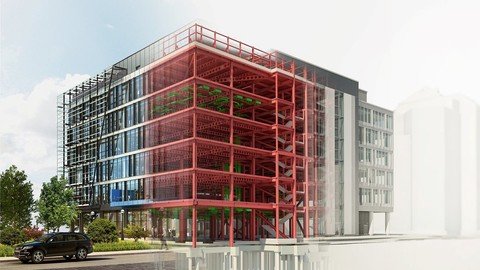 Modern multi-story building with red fire escape staircase and green plants on interior balconies