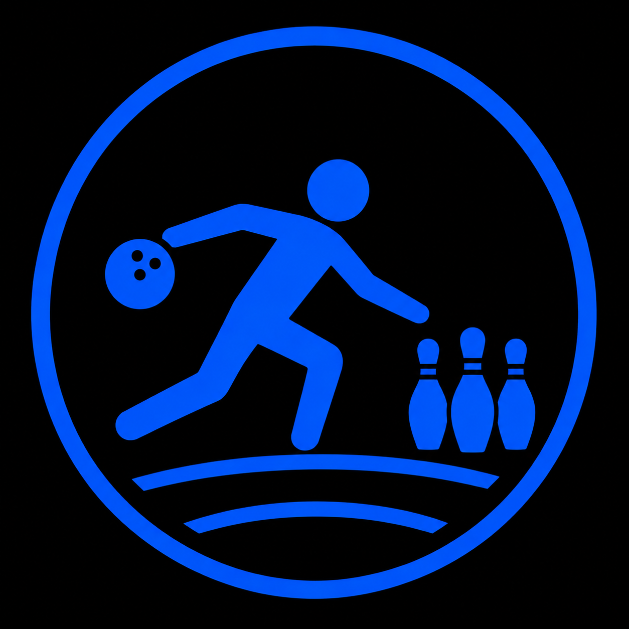 Glow-in-the-dark bowling sign featuring a figure rolling a bowling ball towards three pins.