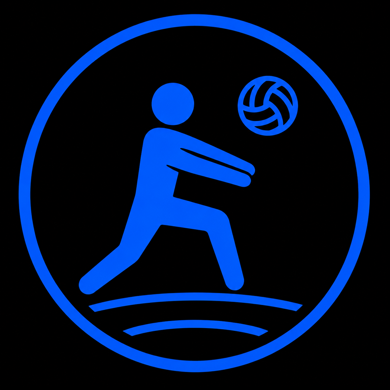 Icon of a person playing indoor volleyball, bouncing a volleyball, within a circular outline, on a black background.