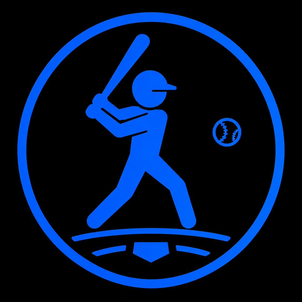 Blue neon sign of a baseball player swinging a bat inside a circle, with a baseball nearby.