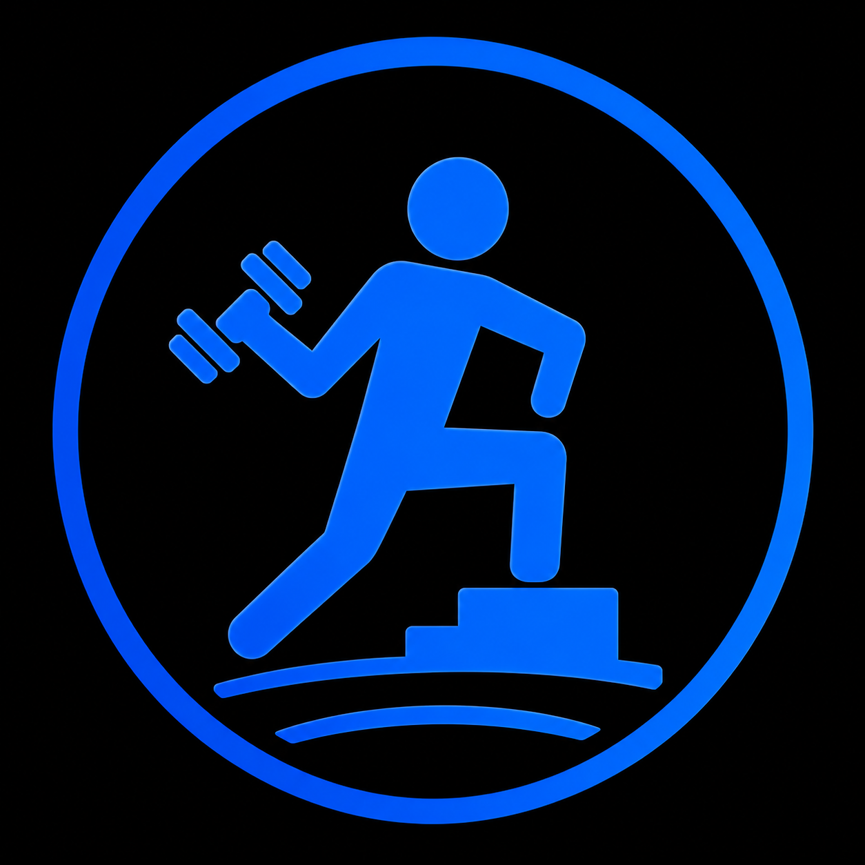 A blue illuminated icon of a person running up stairs, holding a dumbbell, enclosed in a circle on a black background.