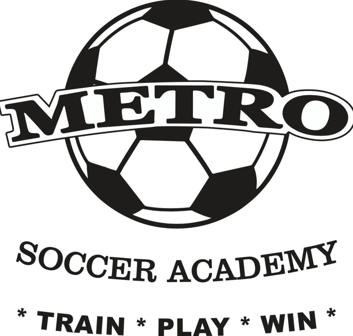 Black and white logo for Metro Soccer Academy featuring a soccer ball with the word 'METRO' across it and the text 'Soccer Academy' and '* Train * Play * Win *' underneath.