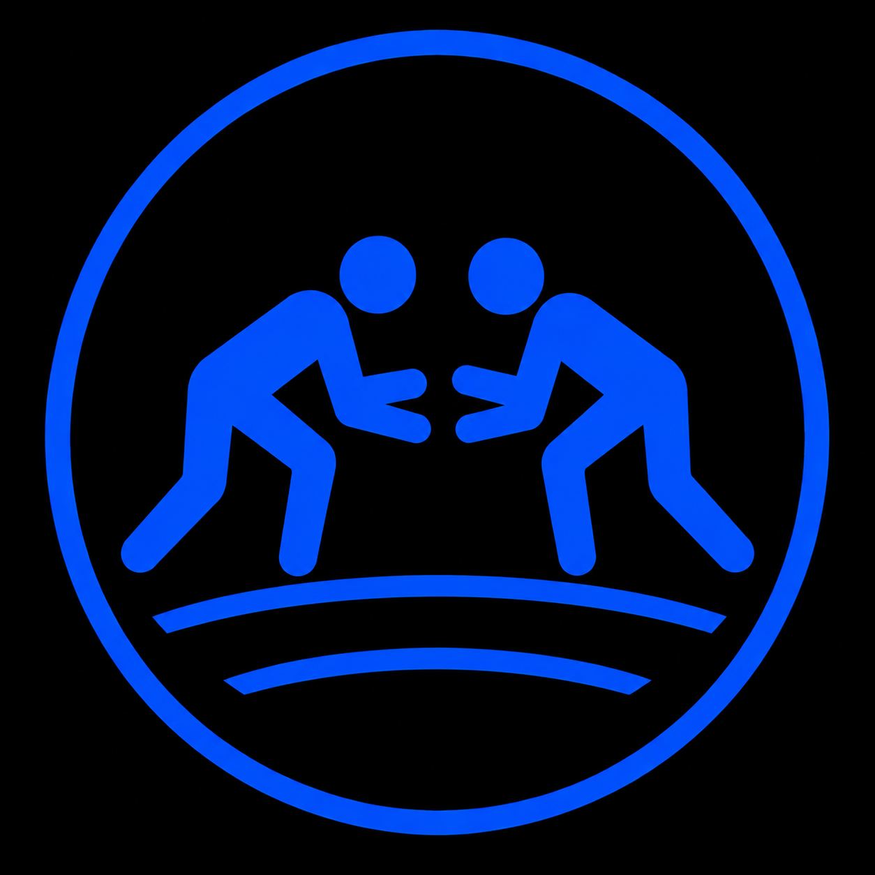 Blue neon sign depicting two people engaged in a wrestling match, facing each other with bent knees and arms extended, enclosed in a circular outline.