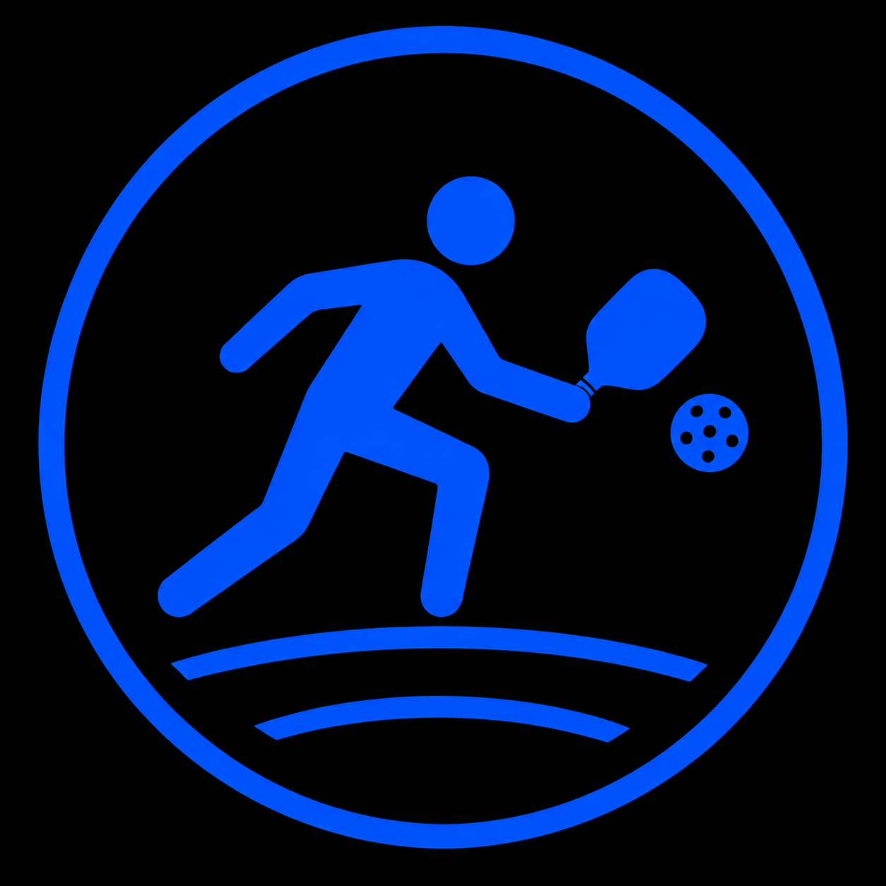 Blue illuminated tennis player icon hitting a tennis ball inside a circular frame.