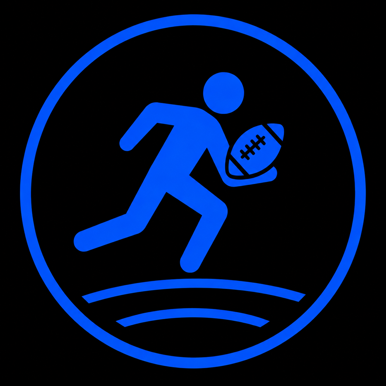 A glowing blue icon of a person running with a football, inside a circular border on a black background.