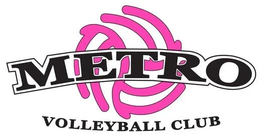 Metro Volleyball Club logo with pink volleyball graphic and bold black text.