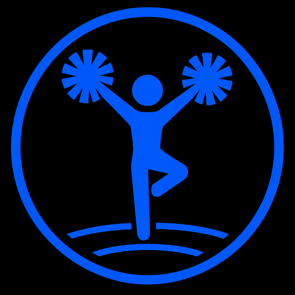 A blue neon icon of a person holding weights above their shoulders, standing on one leg with the other bent, within a circular border.