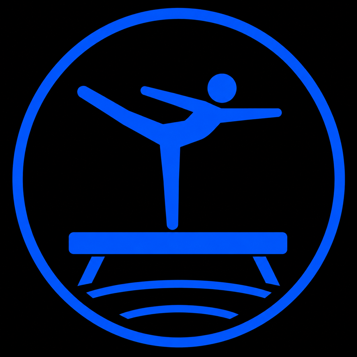 Blue neon icon of a person performing a gymnastic move on a balance beam.