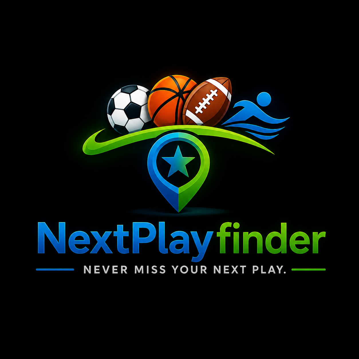 A neon-style logo with sports balls including soccer, basketball, football, and a swimmer, above a map marker icon with a star and swoosh, and the text 'NextPlay finder' with the tagline 'Never miss your next play'.