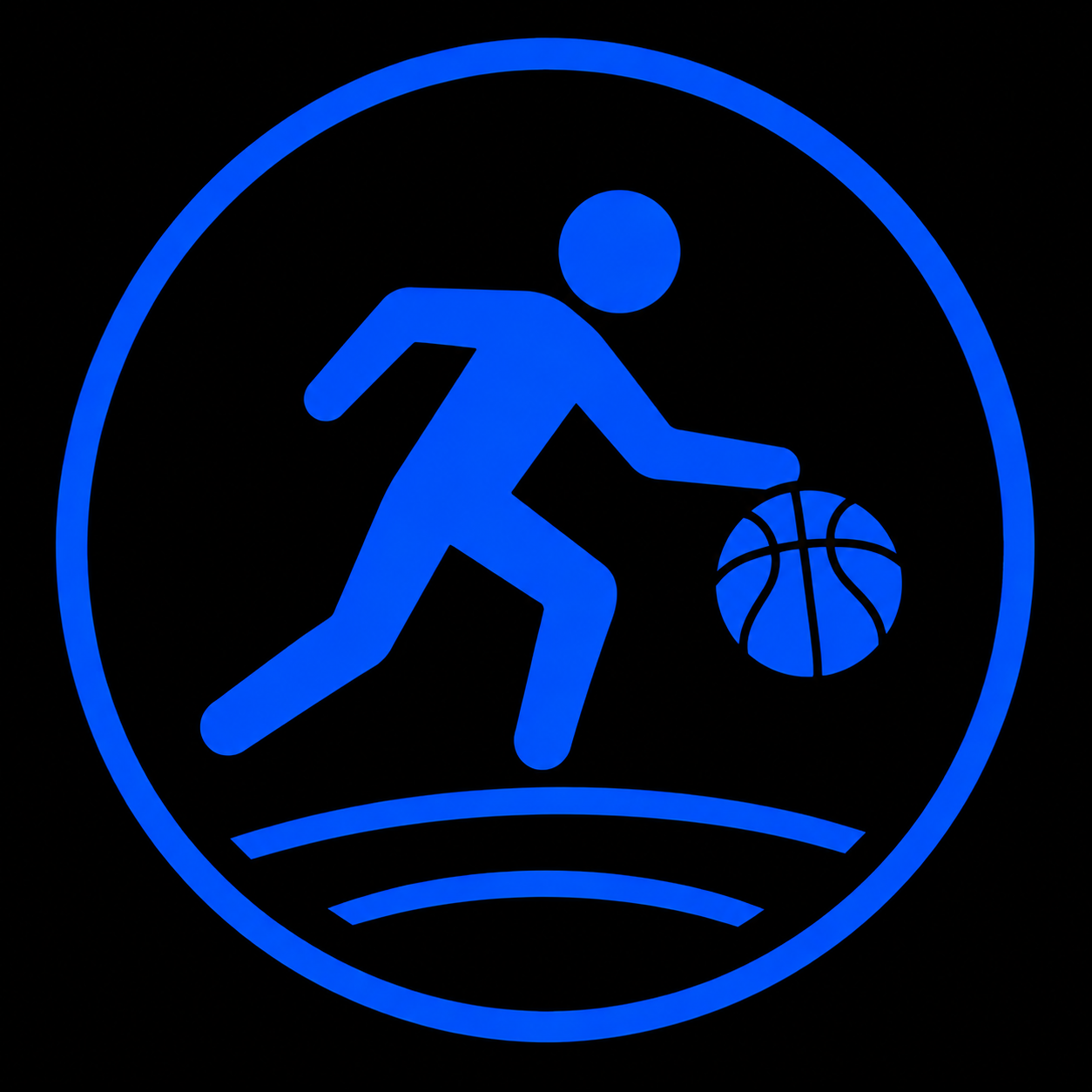 Blue glowing icon of a person dribbling a basketball, enclosed in a circle with two curved lines at the bottom.