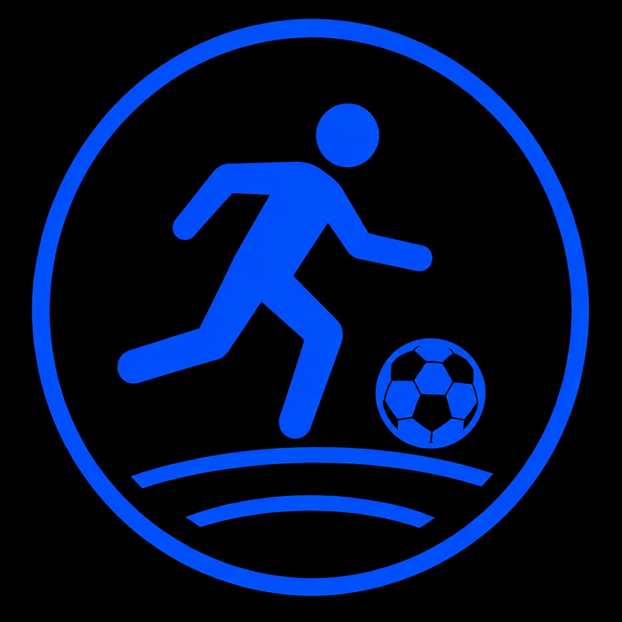 Blue glowing icon of a person playing soccer, with a soccer ball, on a black background.