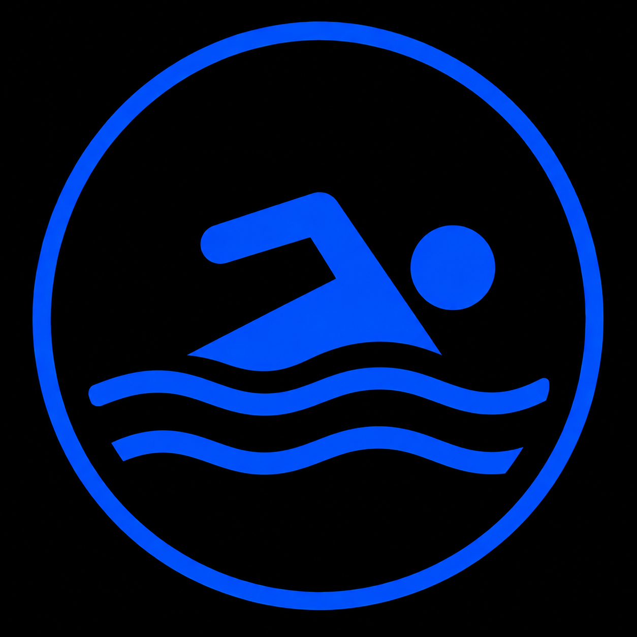 Blue neon swimming icon with a swimmer in a streamlined pose, surrounded by a circular border.