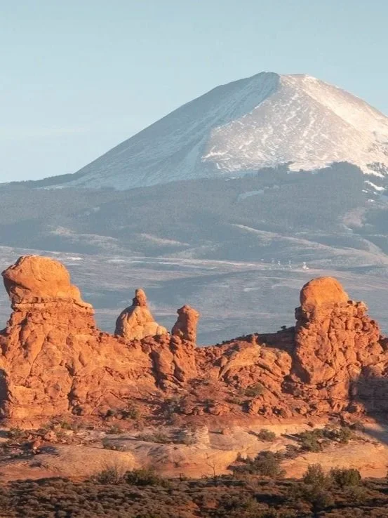 Rock formations in a desert landscape with a snow-capped mountain in the background.