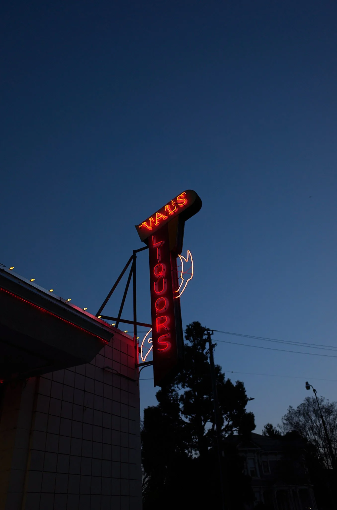 A neon sign reading 'VAIL'S' up against a darkening evening sky, hanging vertically from a building with a tiled exterior, with trees and power lines in the background.