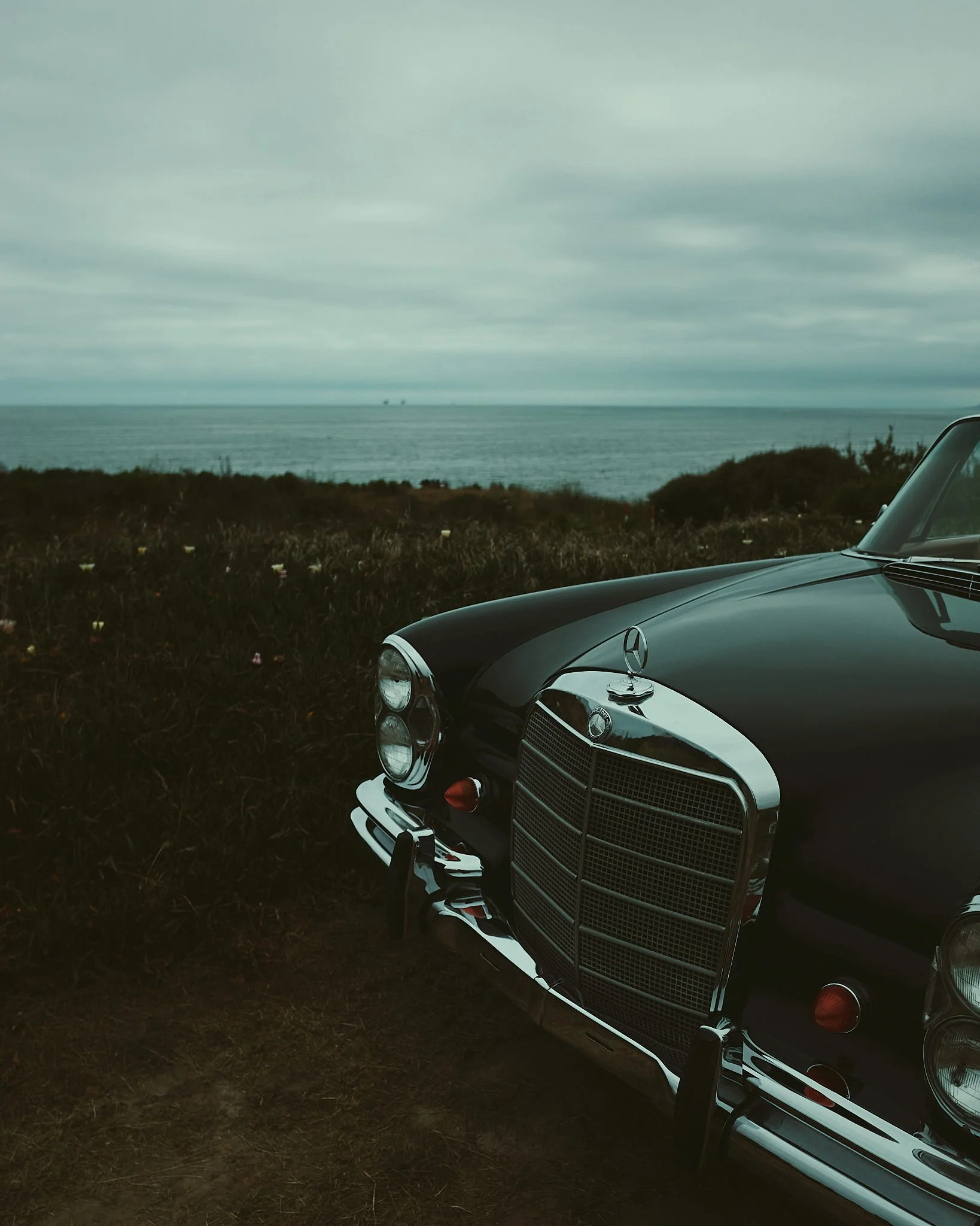 The front part of a black Mercedes-Benz car parked on grass, with a view of the ocean and cloudy sky in the background.