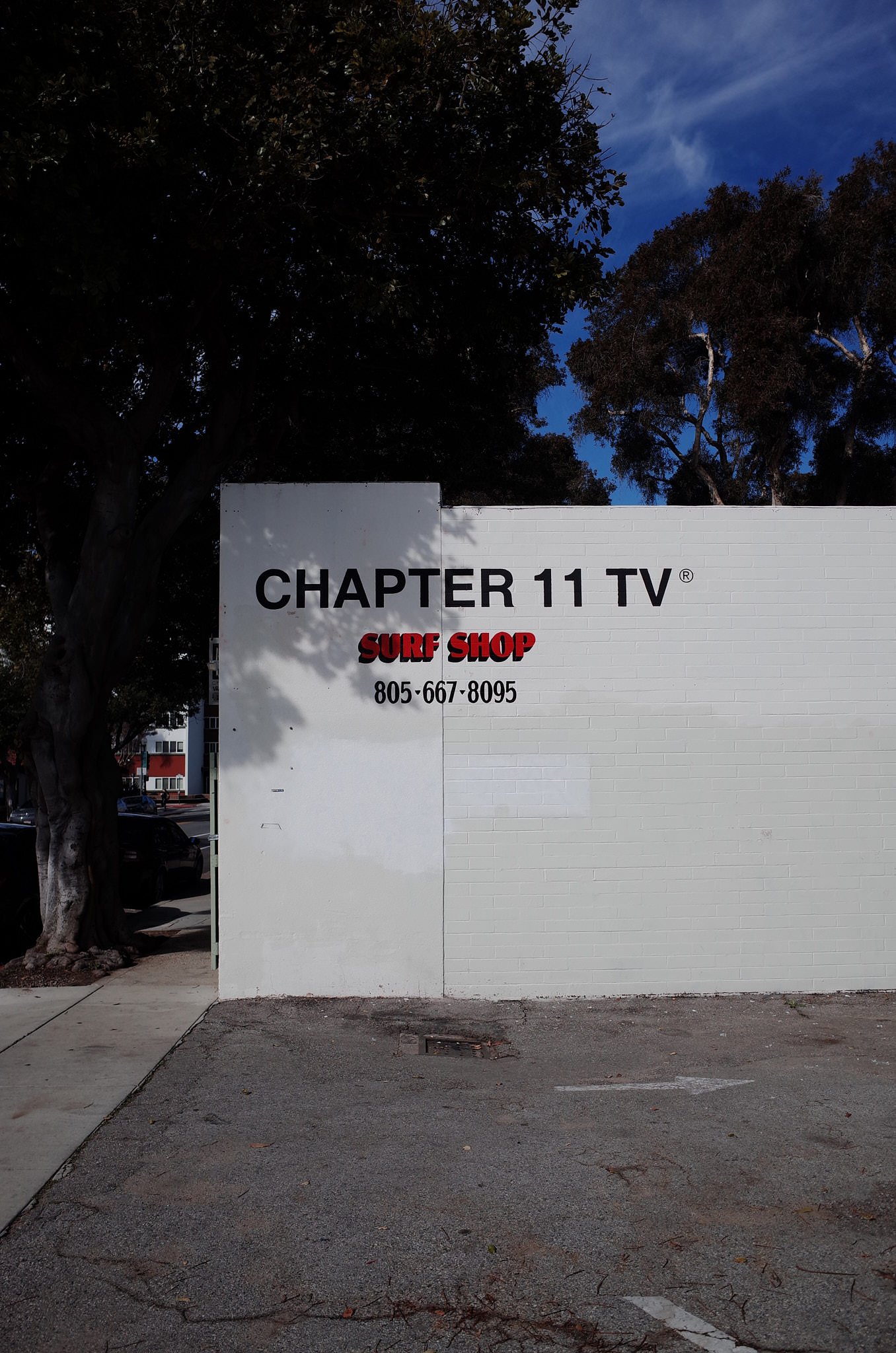 A white brick wall with black and red text advertising a surf shop, and a phone number underneath. There are trees and a blue sky in the background.