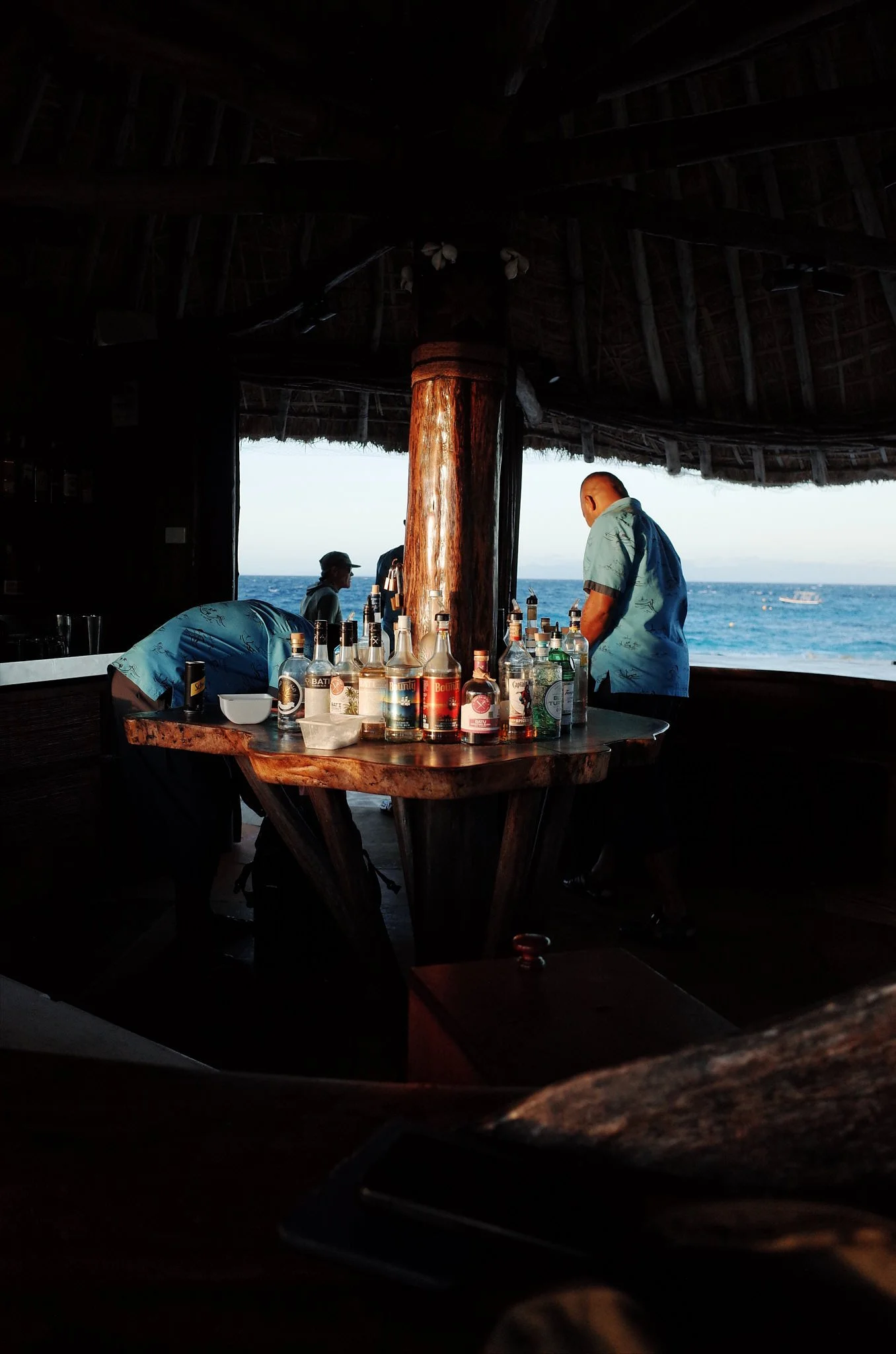 People at a bar or restaurant overlooking the ocean, with bottles of alcohol on the counter and beach scenery in the background.