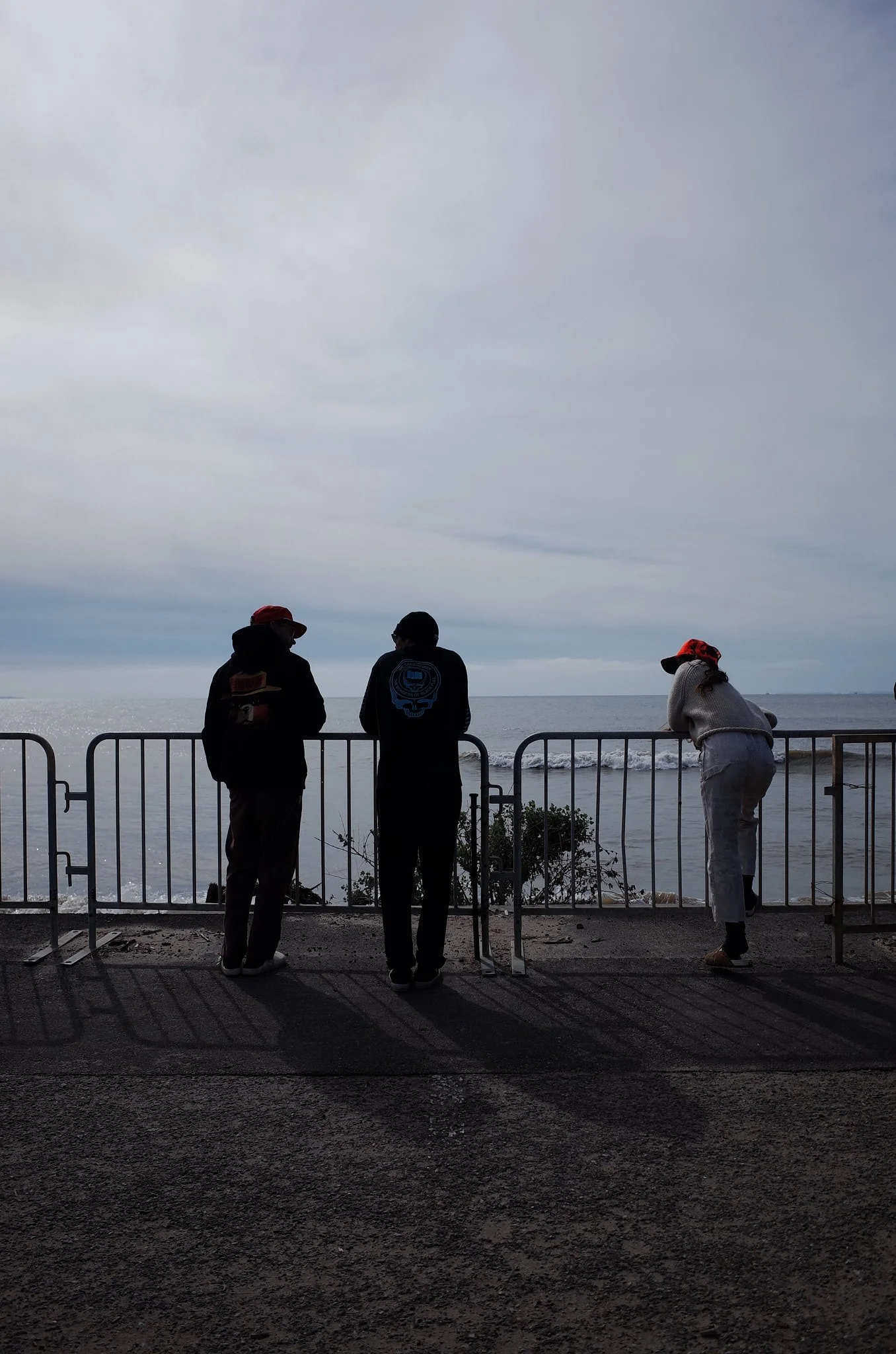 Three people standing behind a metal railing, overlooking the ocean on a cloudy day. One person is leaning on the railing, while the other two are standing and talking. The scene has a calm, overcast atmosphere.