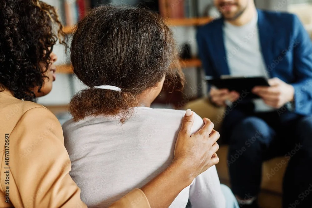 Mother holding daughters shoulder as they talk to counselor out of focus on a couch