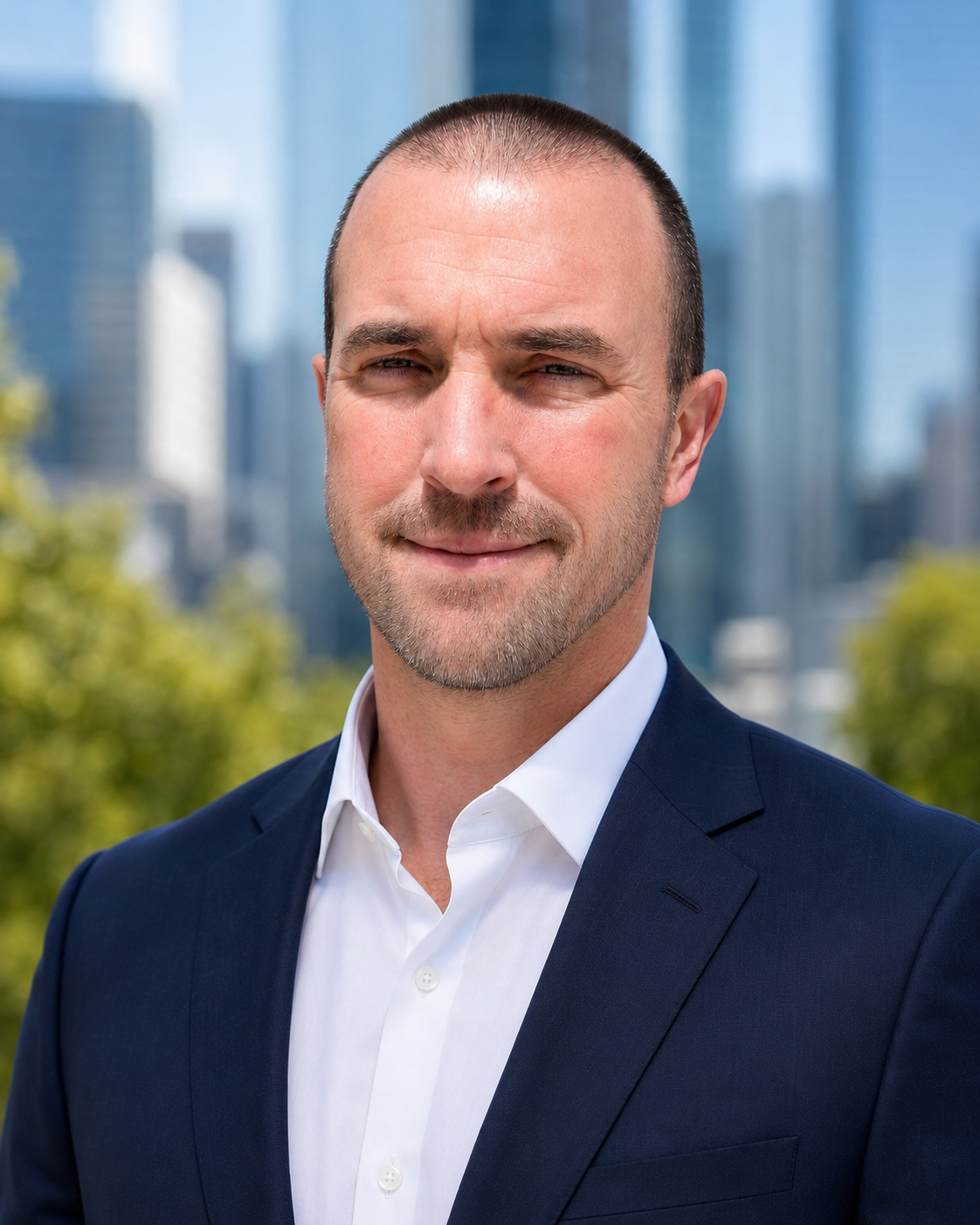 A confident man in a dark blue suit and white shirt standing outdoors in an urban environment with tall buildings and greenery in the background.