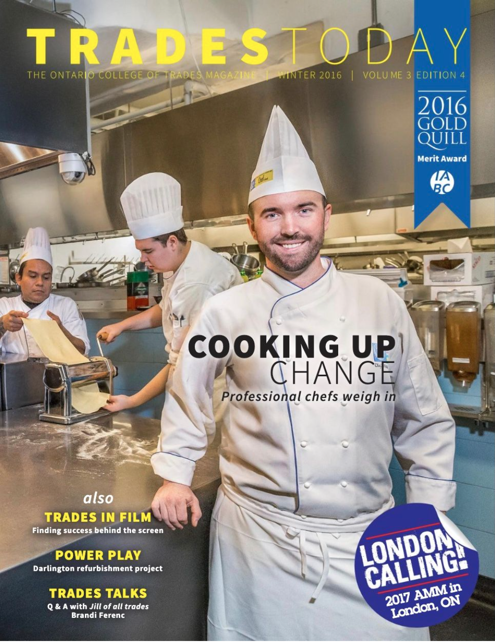 Cover of Trades Today magazine featuring Dr. Ryan Whibbs in a kitchen, with a smiling chef in the foreground and two other chefs working in the background.
