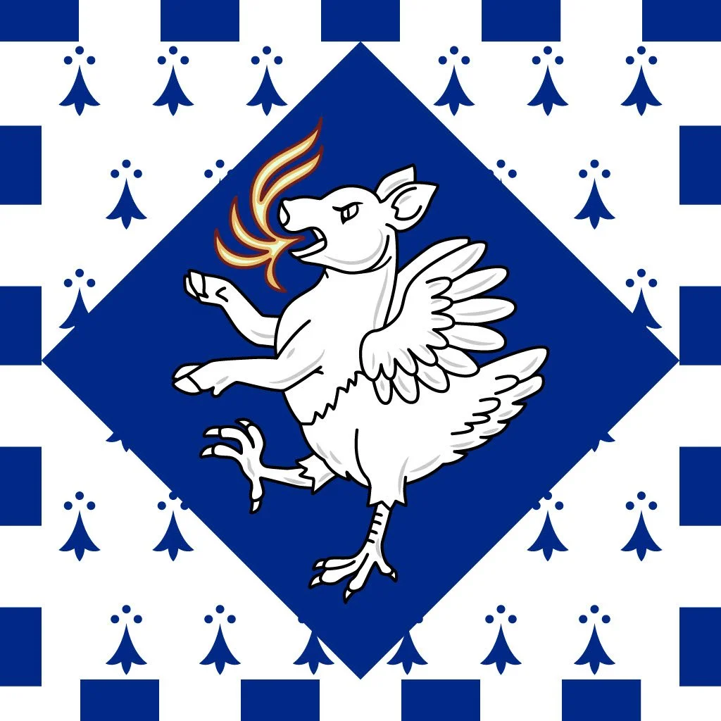 A stylized emblem featuring a winged pig with a fiery mane, positioned within a blue diamond-shaped background on a white field decorated with blue floral patterns and geometric shapes.