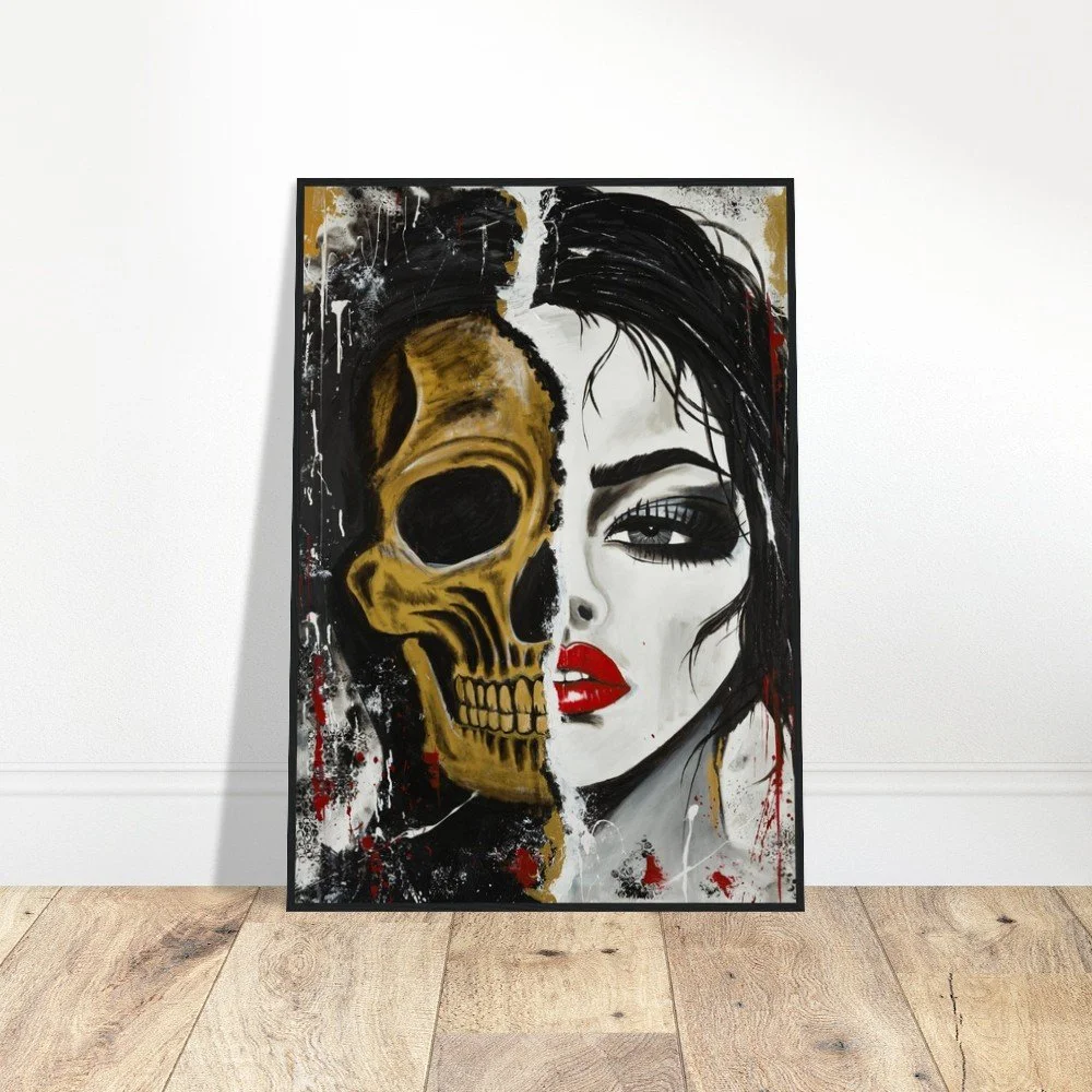 Painting of a woman with dark hair, bold makeup, and bright red lipstick, half her face painted as a skull, with black, white, gold, and red colors.