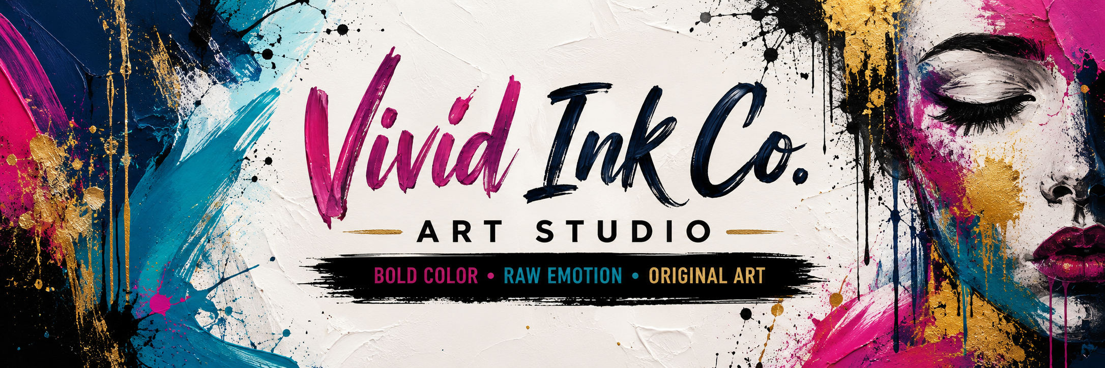 A colorful artistic logo for Vida Ink Co., an art studio, featuring a painted woman's face and bold splashes of pink, blue, gold, and black with text that reads 'Vida Ink Co., Art Studio,' highlighting bold color, raw emotion, and original art.