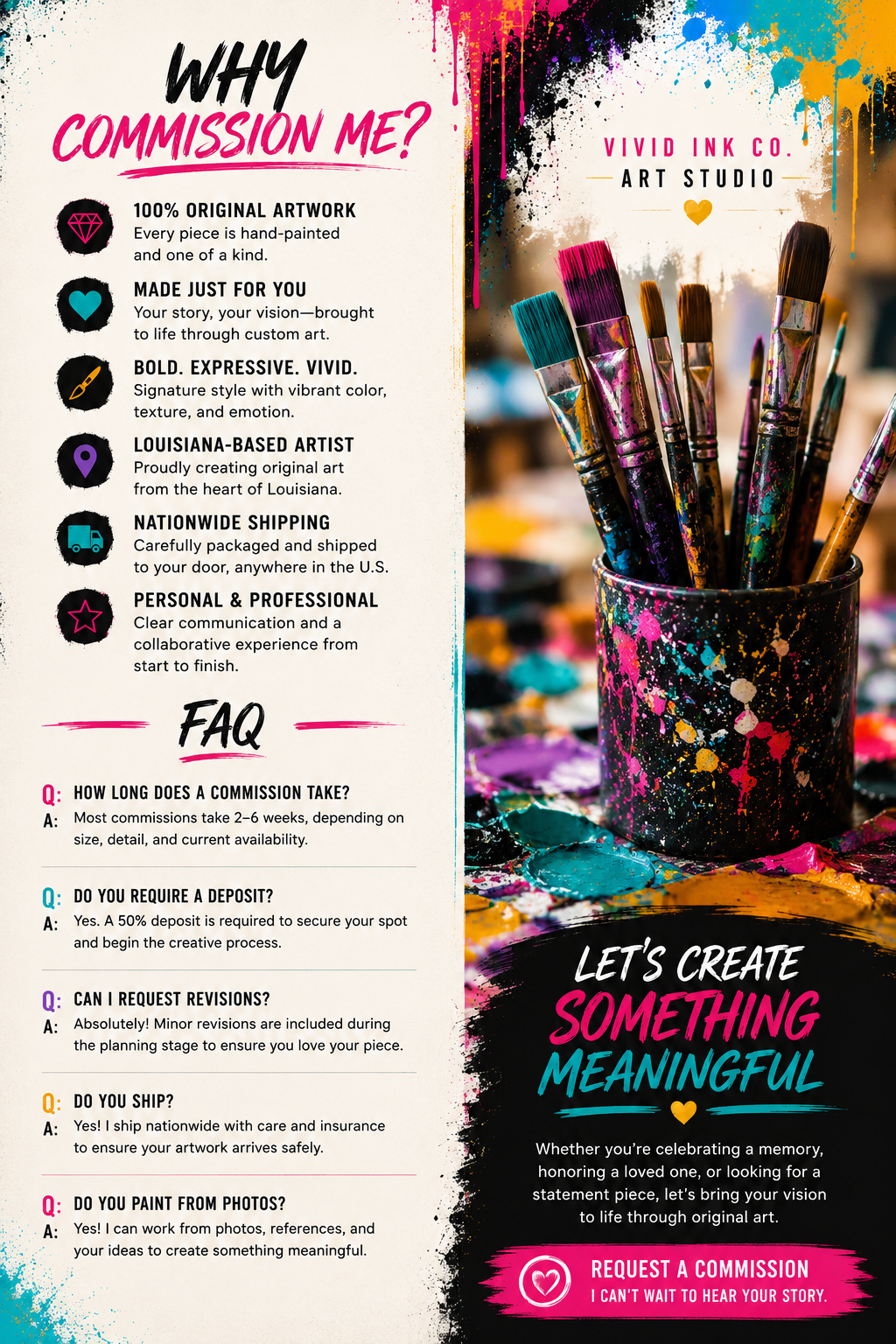 An artistic advertisement for Vivid Ink Co. Art Studio featuring colorful paintbrushes in a splattered paint container on the right, and a list of studio benefits, frequently asked questions, and a call to action on the left. The background is decorated with splashes of paint, emphasizing creativity.