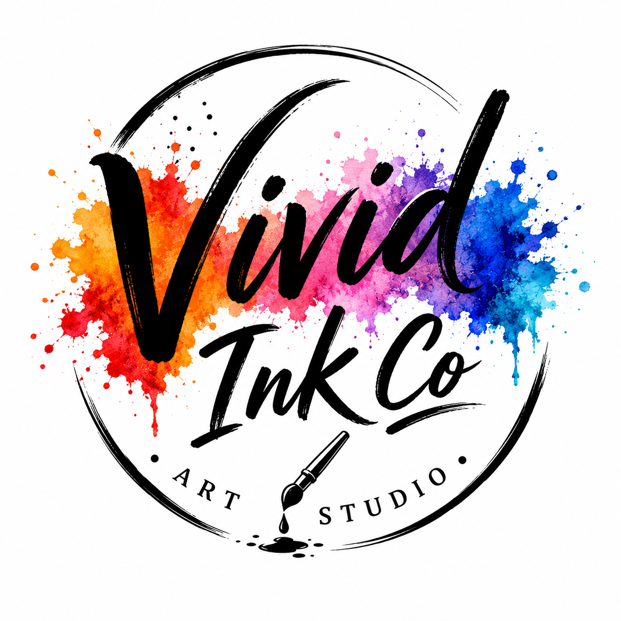 Colorful paint splashes in red, pink, purple, blue, and orange behind the black text 'Vivid Ink Co' and the words 'Art Studio' with a paintbrush icon at the bottom.