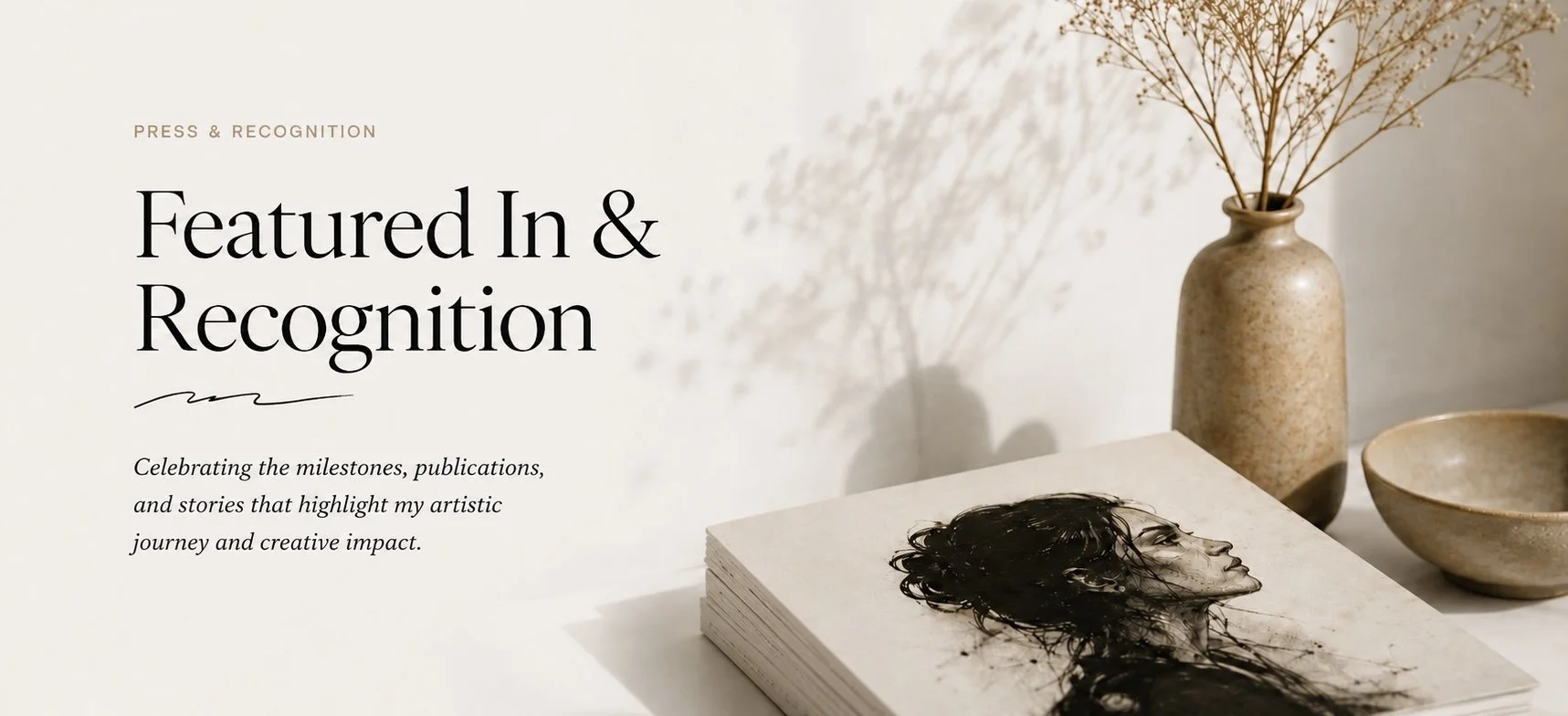 A webpage with the headline 'Featured In & Recognition' and a subtext about celebrating milestones and stories. The background features a vase with dried branches, a bowl, and a portfolio with a black and white sketch of a woman's profile.